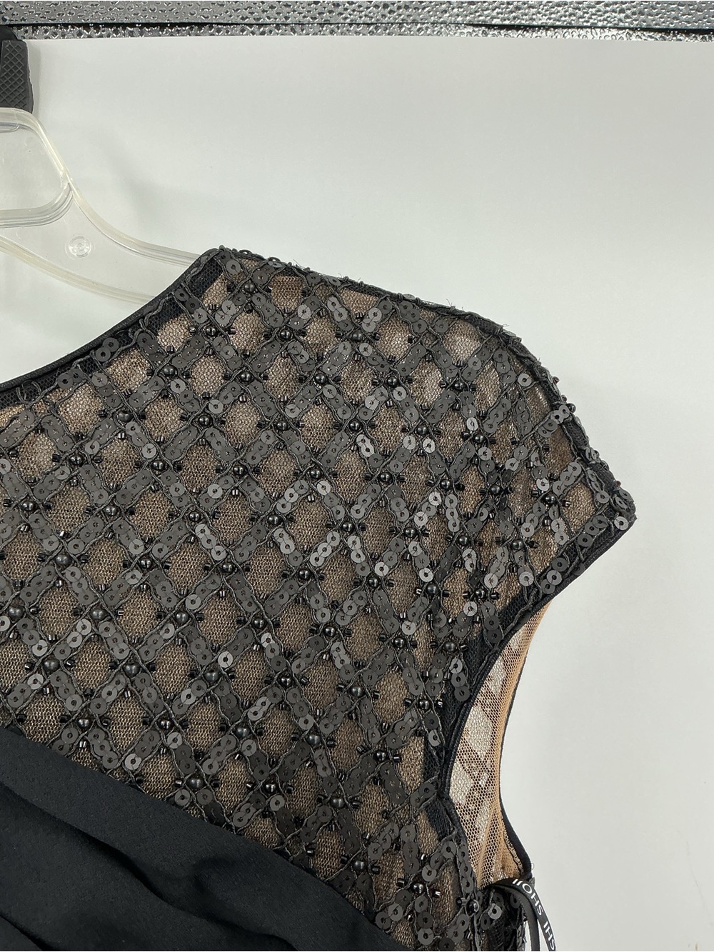 NWT Tadashi Shoji Black Beaded Mesh Draped Size S Jetta Peek-A-Boo Illusion Gown - Picture 7 of 16